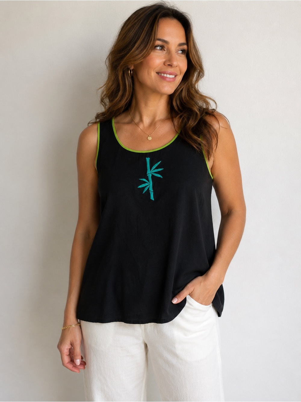 Bob Mackie Wearable Art Black Silk Bamboo Embroidered Shell Top Lime trim size S